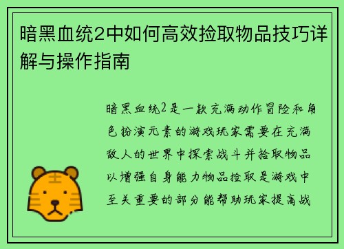 暗黑血统2中如何高效捡取物品技巧详解与操作指南