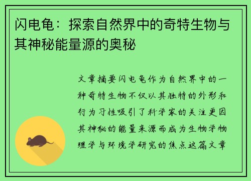 闪电龟：探索自然界中的奇特生物与其神秘能量源的奥秘